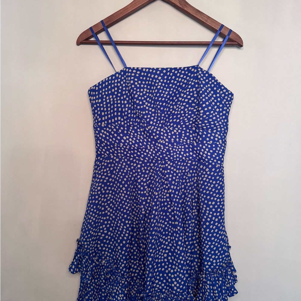 BCBGeneration Blue and White Polka Dot Mini Strapless Dress